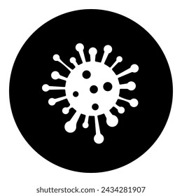 A coronavirus symbol in the center. Isolated white symbol in black circle. Vector illustration on white background