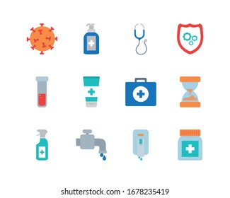 coronavirus symbol and covid 19 concept icon set over white background, flat style, vector illustration