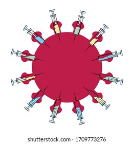 Coronavirus Symbol With Many Syringes. Symbol For Vaccine Insanity, Overmedication, Mass Vaccination, Compulsory Vaccination And Immunization Campaigns Of Pharma Industry. Vector On White.
