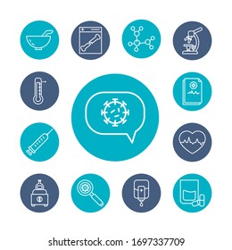 coronavirus symbol and medical and chemestry icon set over white background, block style, vector illustration