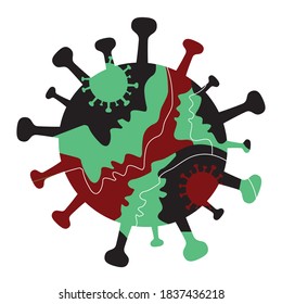 Coronavirus symbol, transmission from person to person.
Silhouette of Coronavirus symbol with stylized people heads shown in profile .Vector available.The image does not show real people. 