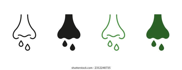 Coronavirus Symptom, Nosebleed, Nasal Mucus Symbol Collection. Runny Nose Line and Silhouette Icon Set. Sinusitis Symptom, Snot, Allergy Cold Pictogram. Isolated Vector Illustration.