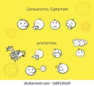 coronavirus symptom and protection, emogi sketch and illustration ,vector 