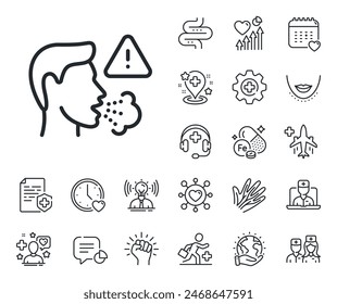 Coronavirus symptom sign. Online doctor, patient and medicine outline icons. Cough line icon. Flu, sneeze or pneumonie symbol. Cough line sign. Veins, nerves and cosmetic procedure icon. Vector