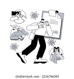 Los síntomas del coronavirus abstraen el concepto de ilustración vectorial. Ensayo de coronavirus, síntomas más comunes, problemas respiratorios, fiebre y tos, pérdida del gusto o del olfato, metáfora abstracta grave del estado.