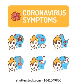 Coronavirus symptoms color line icons set. Dangerous chinese nCoV. Pictogram for web page, mobile app, promo. UI UX GUI design element. Editable stroke