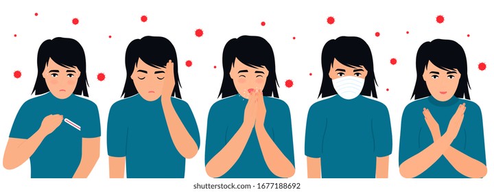 Coronavirus symptoms. Cough, fever, headache. The girl shows a stop gesture. Child in a protective mask