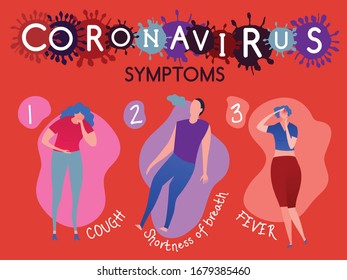 Coronavirus symptoms. COVID-19 epidemic disease. Medical virology concept. Horizontal poster in modern style. Vector illustration in bright colors isolated on a red background