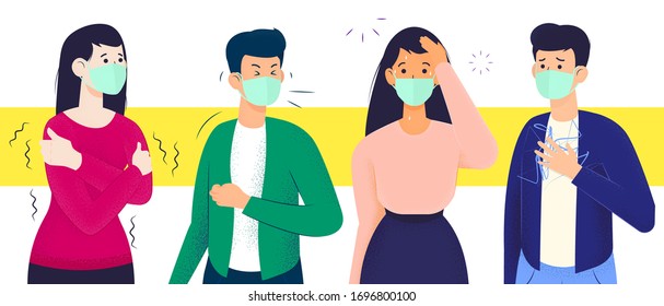 Coronavirus symptoms flat illustration concept. People with influenza flu disease. Covid-19 fever, chills, cough, shortness of breath, headache & sore throat.