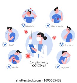 Seis covid principal 19, los síntomas del coronavirus infográficos carácter ilustración plana vectorial
