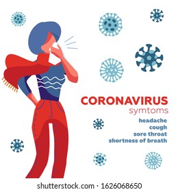 Coronavirus Symptoms, Mers Cov is a common virus that causes an infection in your nose, sinuses, or upper throat. Middle East respiratory syndrome coronavirus Sign. Woman sneezing in handkerchief .