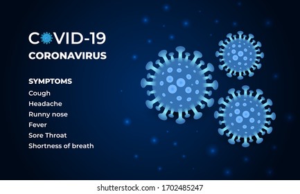 Coronavirus symptoms on a dark vector background. Covid-19 virus cells on a blue background. Novel coronavirus Covid-19 symptoms. Sign of virus 2019-nCoV.