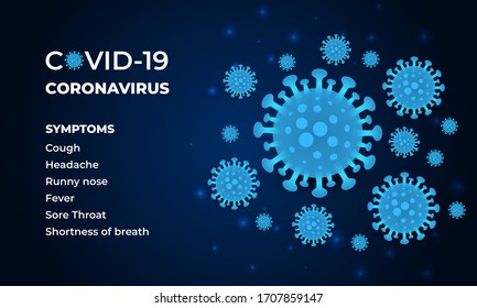 Coronavirus symptoms on a dark vector background. Covid-19 virus cells on a blue vector background. Novel corona virus Covid 19 symptoms. Vector sign of virus 2019-nCoV.