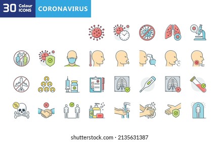 Coronavirus Symptoms and Prevention Icons Set. Contains such Icons as Protective Measures, Coronavirus Symptoms, covid 19 prevention items and more. vector eps 10
