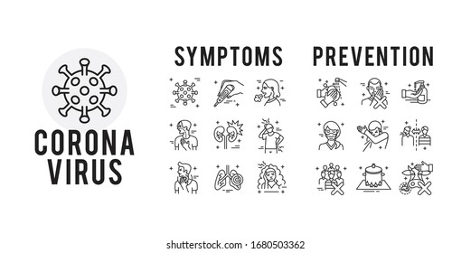 Coronavirus Symptoms and Prevention Set Icons Thin Style Pictogram Minimalist