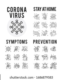 Coronavirus Symptoms and Prevention Set Icons Thin Style Pictogram Minimalist