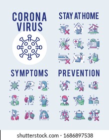 Coronavirus Symptoms and Prevention Set Icons Thin Style Pictogram Minimalist Colored