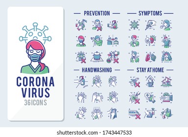 Coronavirus Symptoms and Prevention Set Icons Thin Style Pictogram Minimalist Colored