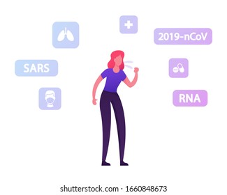 Coronavirus Symptoms, Prevention and Treatment Concept. Sick Woman Coughing with Medical Icons around, 2019-nCov, Rna and Sars, Face Mask, Lungs and Medical Cross. Cartoon Flat Vector Illustration