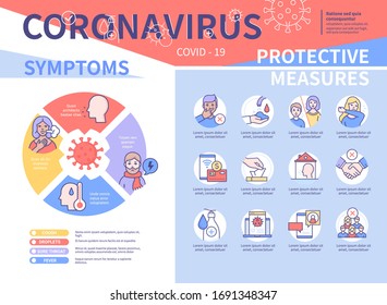 Coronavirus symptoms and preventive measures colorful poster with line icons. Washing hands, no handshakes, social distancing, stay informed advice. Fever, sore throat, difficulty breathing signs