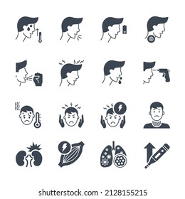 Coronavirus symptoms related glyph vector icons set. Contains such Icons as headache, fever, high temperature, pneumonia, sore throat, cough, muscle pain, kidney failure, lungs Infection, fatigue
