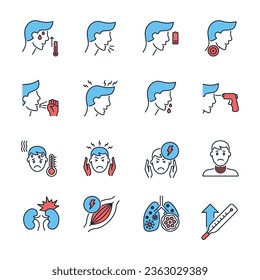 Coronavirus symptoms related vector icons set. Contains such Icons as headache, fever, high temperature, pneumonia, sore throat, cough, muscle pain, kidney failure, lungs Infection, fatigue