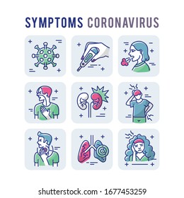 Coronavirus Symptoms Set Icons Thin Style Pictogram Minimalist Colored