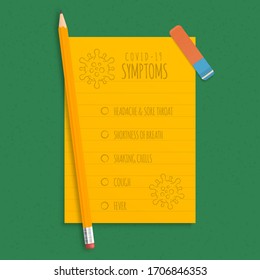 Coronavirus symptoms which are written in pencil on an orange sheet of paper. School office and quarantine because of the virus. 