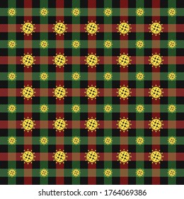 Coronavirus tartan plaid. Scottish pattern in black, red and green cage. Scottish cage. Traditional Scottish checkered background. Seamless fabric texture. Vector illustration