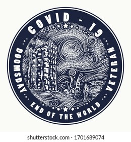 Coronavirus tattoo and t-shirt design. COVID-19. Man and ruins civilization. Epidemics and wars. Doomsday. Veteran. End of the world art