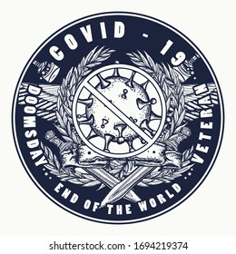 Coronavirus tattoo and t-shirt design. Virus, golden wings, swords and crossed syringes. Propaganda style. COVID-19. Doomsday. Veteran. End of the world art 