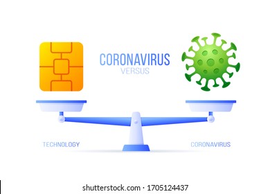 Coronavirus or technology vector illustration. Creative concept of scales and versus, On one side of the scale lies a virus covid-19 and on the other tech chip icon. Flat vector illustration.