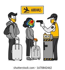 coronavirus. temperature measurement checkpoint at arrival point at the airport. quarantine measures. Spread of the virus, pandemic. Vector flat style illustration