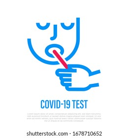 Coronavirus test by mouth swab stick. Man with open mouth. Medical test for COVID-19. Healthcare and medical vector illustration.