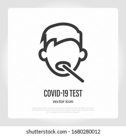 Coronavirus test by mouth swab stick. Man with open mouth. Medical test for COVID-19. Healthcare and medical vector illustration.