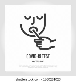 Coronavirus test by mouth swab stick. Man with open mouth. Medical test for COVID-19. Healthcare and medical vector illustration.