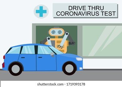Coronavirus test by robot, Blue car driving to covid 19 test by robot in the hospital 