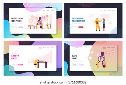 Coronavirus Test Landing Page Template Set. Doctor Characters in Protective Costumes Make Express Test to Determine Presence of Contagious Infection Disease in Lab. Cartoon People Vector Illustration