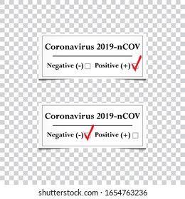 Coronavirus test result. Positive and negative reaction. The presence of coronavirus and its absence. Stop coronavirus. The danger of coronavirus and the risk to public health. EPS10