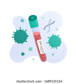 Coronavirus Test Tube, Sample In A Glass Test Tube. Covid-19 Medical Test, Lab Examination, Isolated Vector Illustration With Virus And Dna Doodles