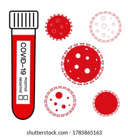 Envase de prueba de coronavirus y conjunto de iconos vectores de virus, aislados en fondo blanco