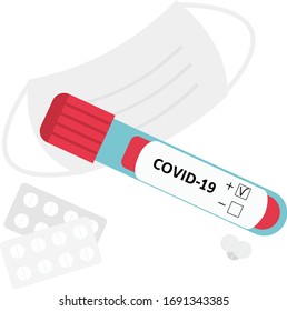 Coronavirus-Vektorillustration-Illustration einzeln auf weißem Hintergrund. Flacher Stil. Medizinische Maske, Tabletten.