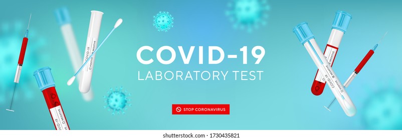 Coronavirus Testing banner with blank space for your creativity. Covid-19 rapid test, 3d virus cells and realistic 3d glass test tube with swab on blue background. Coronavirus disease, Vector