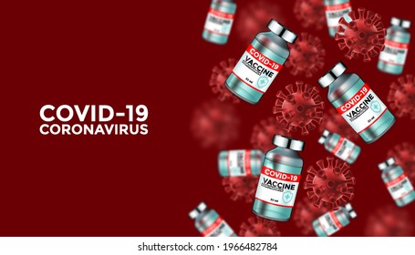 Coronavirus Testing banner with blank space for your creativity. Covid-19 realistic 3d glass bank vaccine on red background. Coronavirus disease Vector.