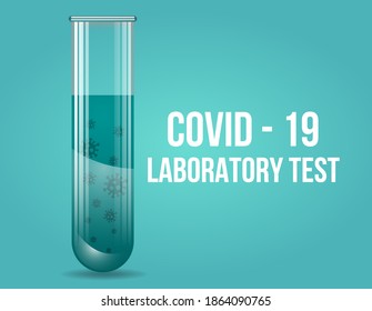 Coronavirus Testing banner with glass test tube. Rapid test for Covid-19, 3D virus cells and realistic 3D glass test tubes on a blue background. Coronavirus disease, Vector.