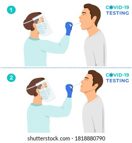 Coronavirus testing carried out by a medical professional worker, doctor or nurse. Patient receiving a Corona test. Cotton swab for saliva kit. Laboratory research Covid 19. Lab examination isolated.