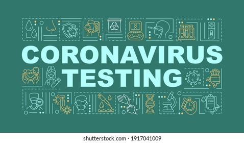 Banner zum Testen von Wortkonzepten von Coronavirus. Pandemieverfahren in medizinischen Einrichtungen. Infografiken mit linearen Symbolen auf grünem Hintergrund. Alleinstehende Typografie. Vektorgrafik-RGB-Farbgrafik