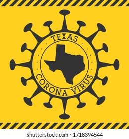 Coronavirus in Texas sign. Round badge with shape of virus and Texas map. Yellow state epidemic lockdown stamp. Vector illustration.