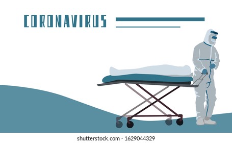 Coronavirus text with copy space on blue backdrop. Man in protection suit  for social banner, medical or propaganda poster, social network warning, info card. Minimal style stock vector illustration