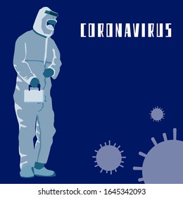 Coronavirus text on navy blue backdrop with copy space. Man in chemical protection suit for social banner, medical poster, social network warning or info card. Minimal style stock vector illustration